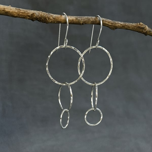 Trio of silver circles, dangle hook earrings
