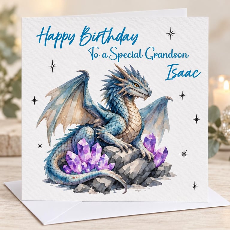 Personalised Dragon Birthday Card-Blue Fantasy Dragon Card-Any Name & Relation