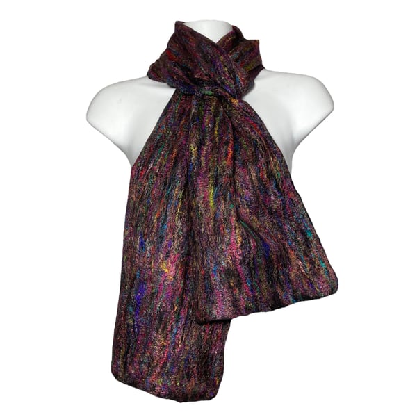Scarf, Black with multicoloured decoration, merino wool and silk