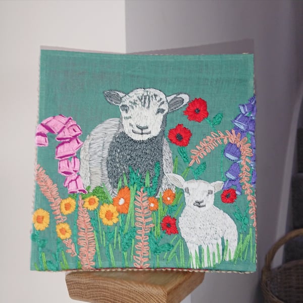 Sheep and flowers Linen Embroidery Wall Art 