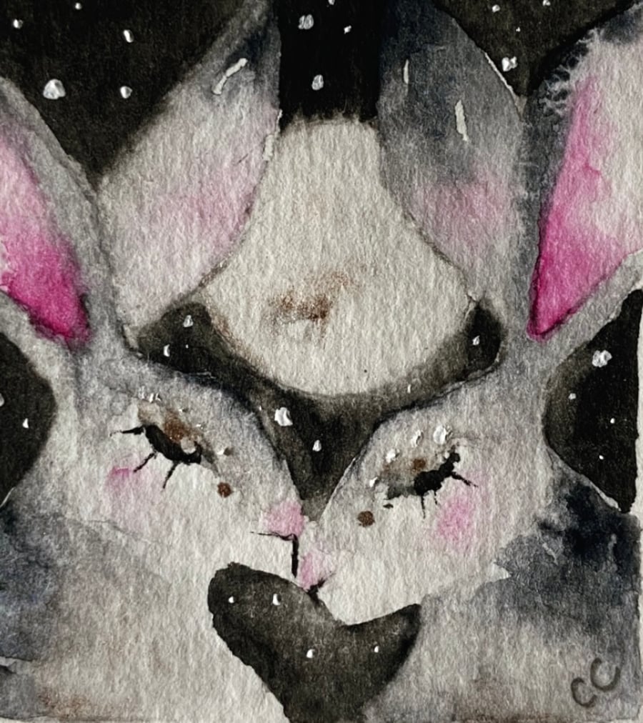 ACEO Original Kissing Hares Rabbits under the Moon Watercolour 