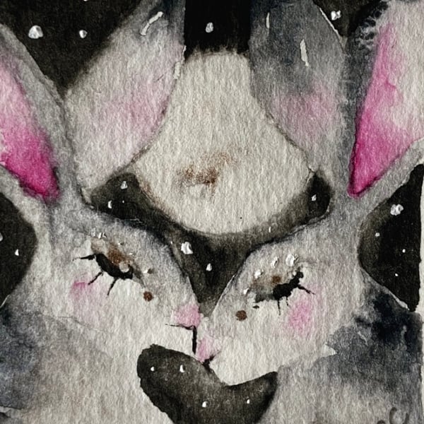 ACEO Original Kissing Hares Rabbits under the Moon Watercolour 
