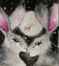 Mounted Original Miniature Watercolour Painting kissing Hares under Moon Art - Image 1
