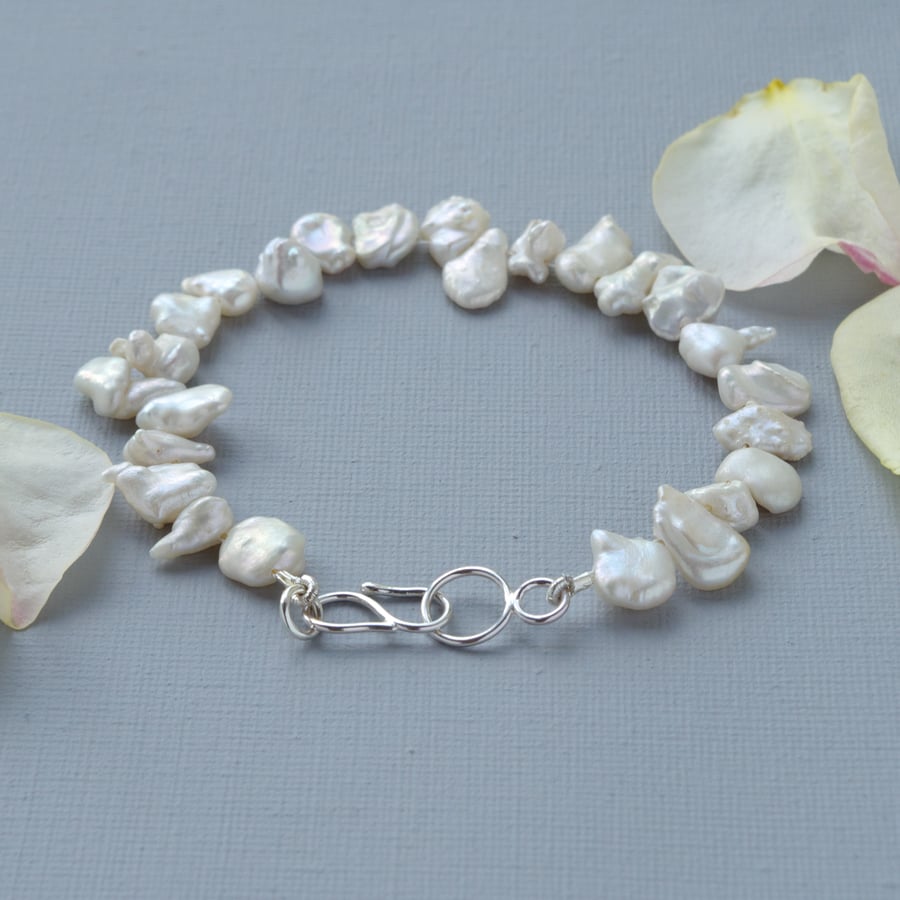 White Keishi Pearl and Sterling Silver Bohemian Bridal Bracelet