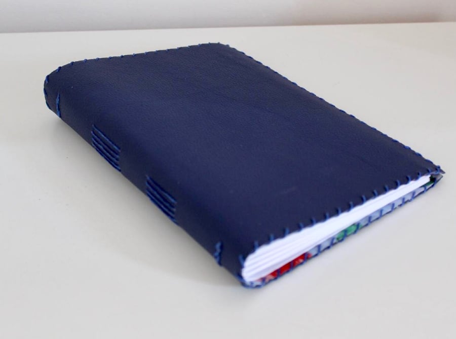A5 Handmade Blue Leather Notebook Sketchbook floral fabric lining plain paper