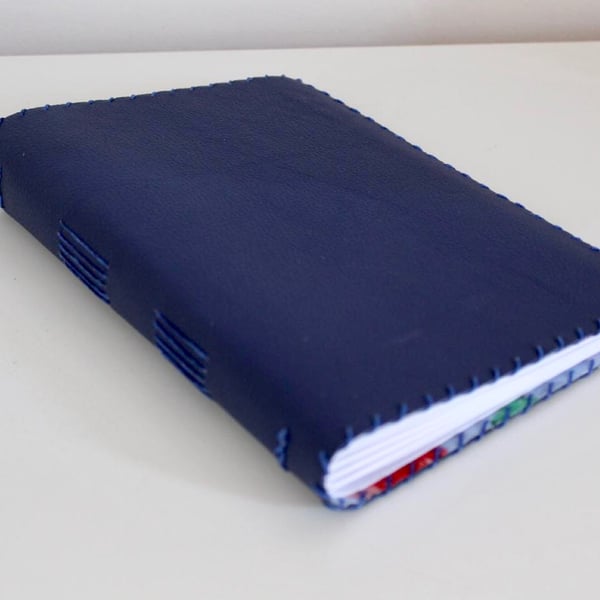 A5 Handmade Blue Leather Notebook Sketchbook floral fabric lining plain paper