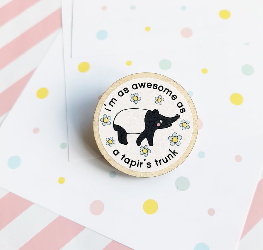 awesome tapir 40mm wooden pin badge