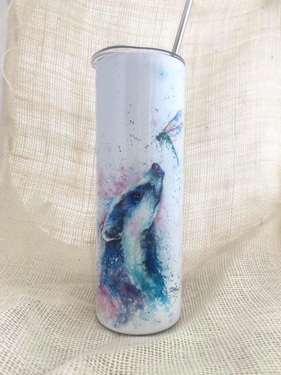 Badger and Dragonfly Watercolour Tumbler. 20oz Vacuum-Insulated Stainless Steel 