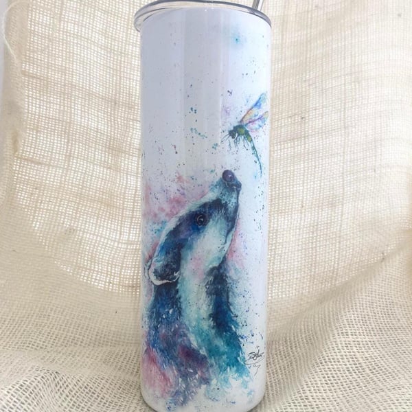 Badger and Dragonfly Watercolour Tumbler. 20oz Vacuum-Insulated Stainless Steel 