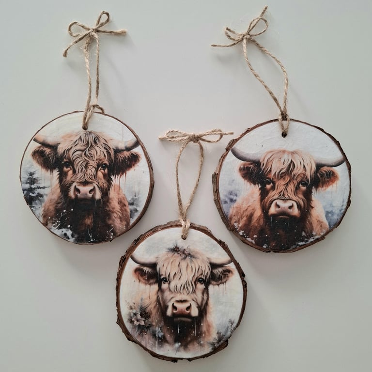 Three Highland Cows Christmas Ornaments, Decoupaged Wooden Slice Decor