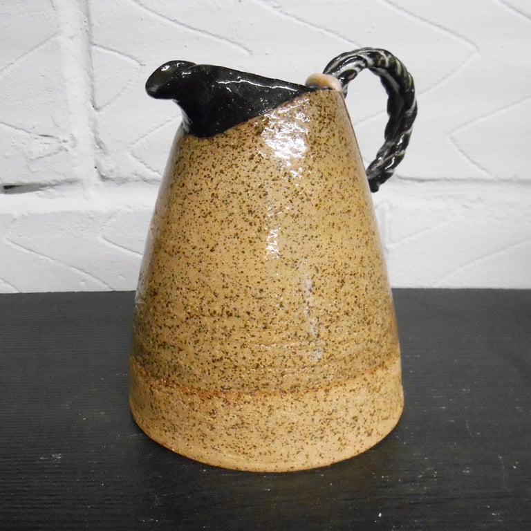 Spotted Clay Stoneware Ceramic Jug, Black clay Spout and Handle white interior.