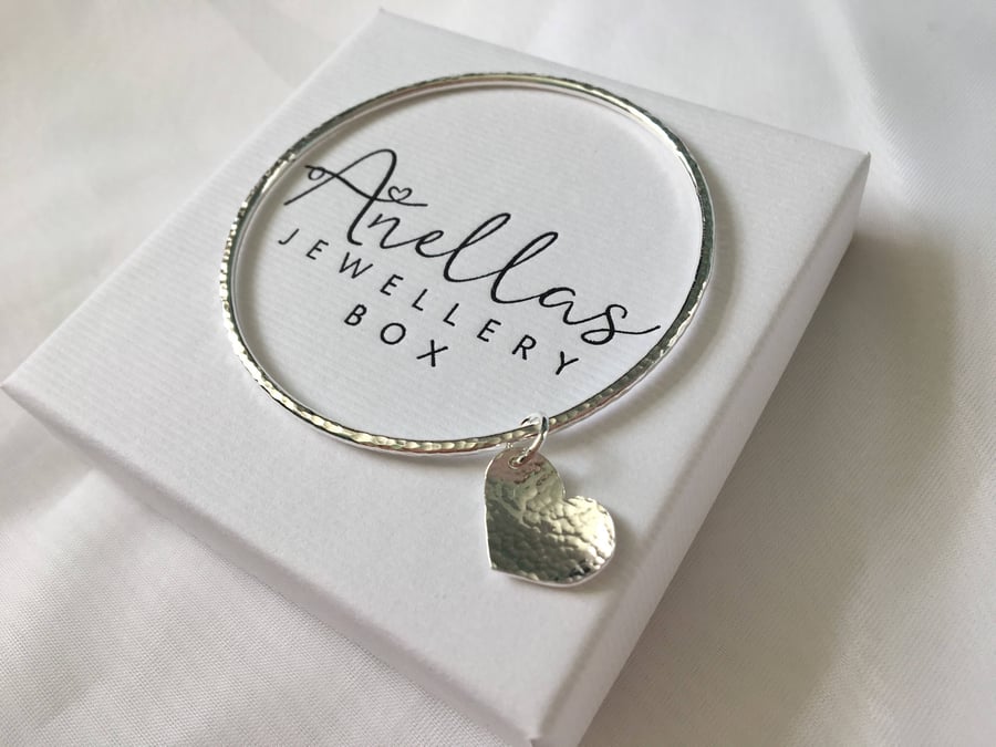 Sterling Silver Heart Bangle, Heart Charm Bracelet, Textured Heart Charm Bangle