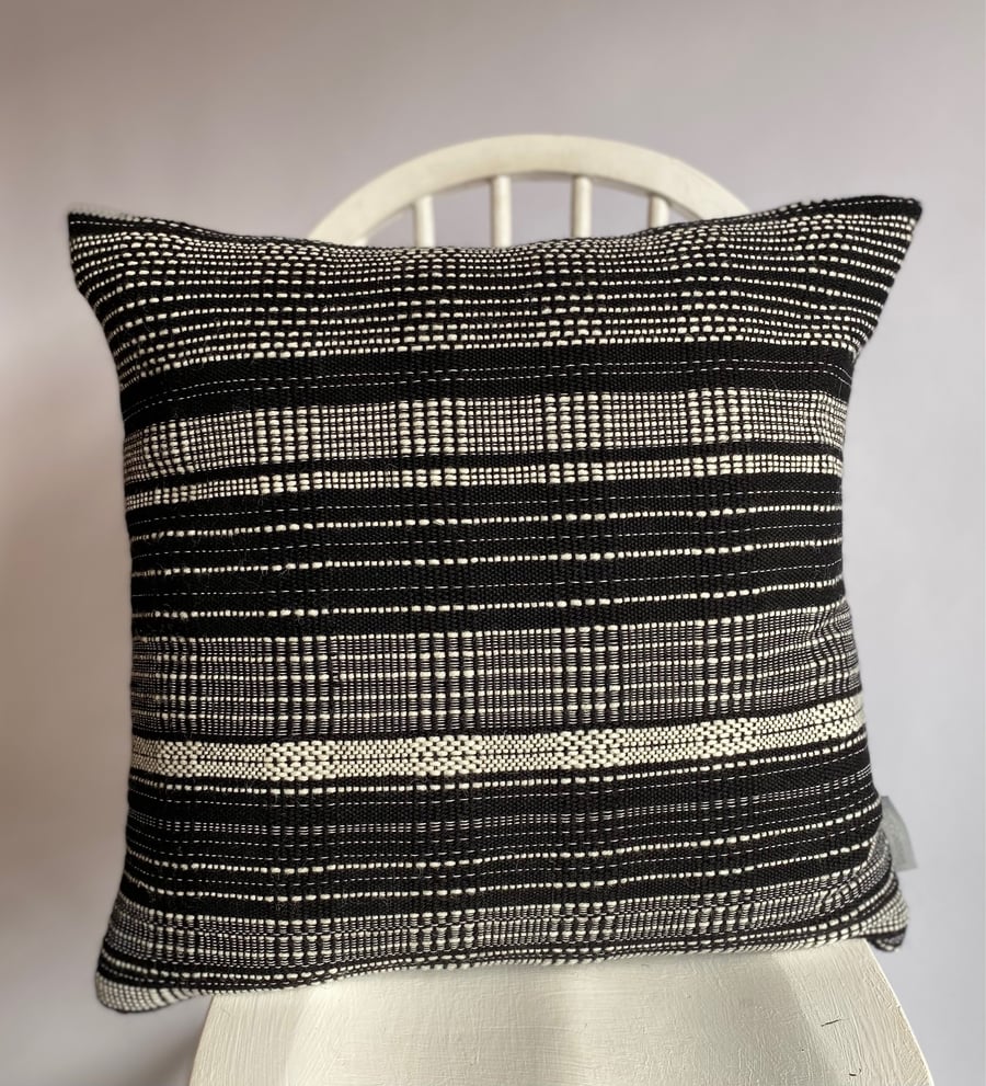 Black & White 3:Hand woven wool cushion, designed and made by Yvonne Skelton