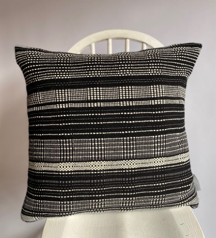Black & White 3:Hand woven wool cushion, designed and made by Yvonne Skelton