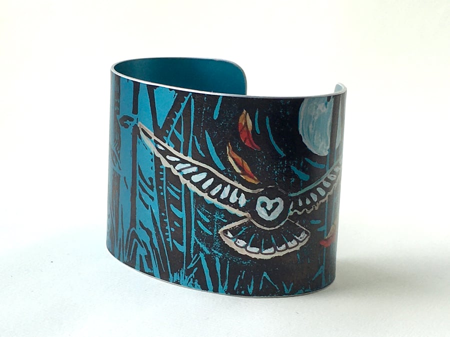 Treetops owl cuff blue - print from an original linocut