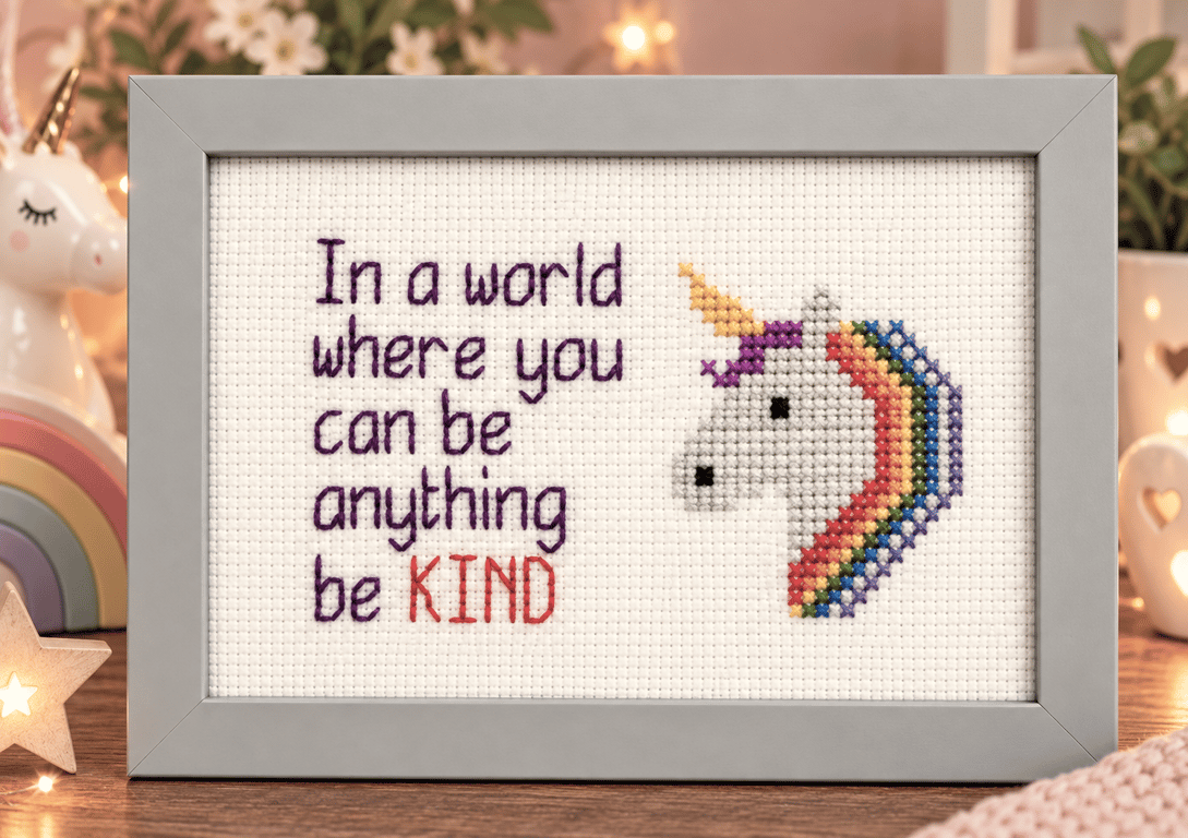 Be Kind Unicorn Cross Stitch – Handmade Framed Inspirational Gift 