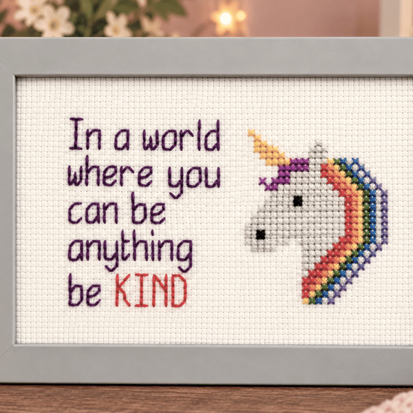 Be Kind Unicorn Cross Stitch – Handmade Framed Inspirational Gift 