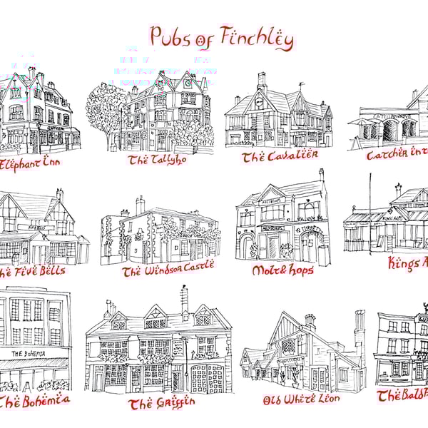 The Pubs of Finchley Hand Drawn Tolkien Style Map Artwork