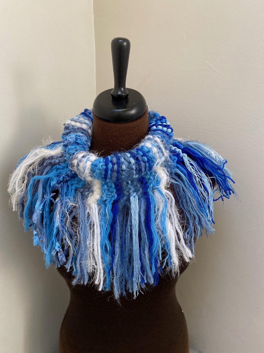 Hand Knitted Textured Scarf with Fringe mixed shades blue and white 