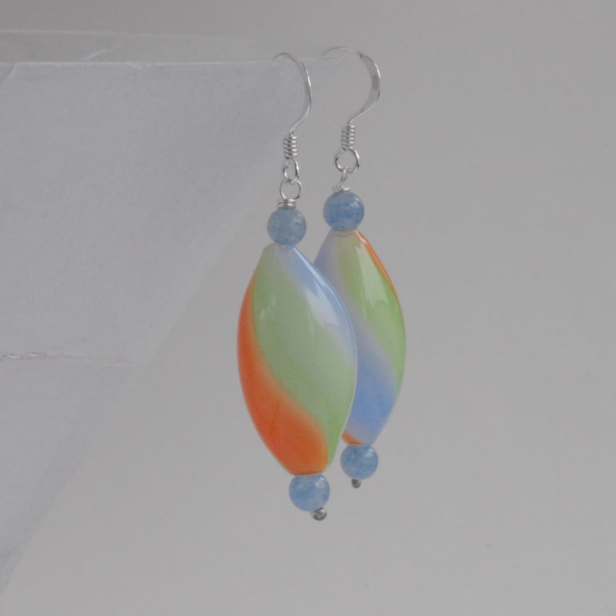 Large blown glass and silver earrings (orange, blue and green)