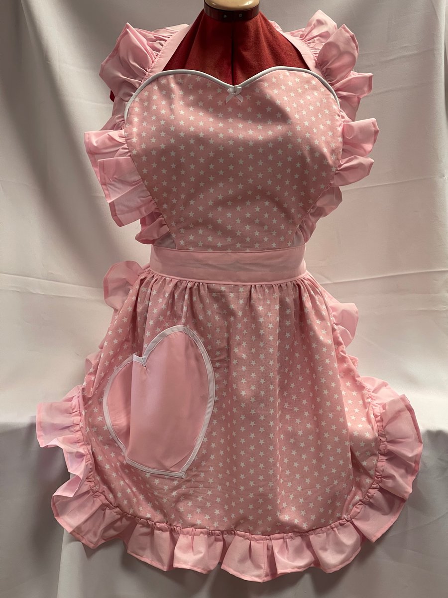 Retro Vintage 50s Style Full Apron with Heart Shaped Top and Pocket, Candy Pink