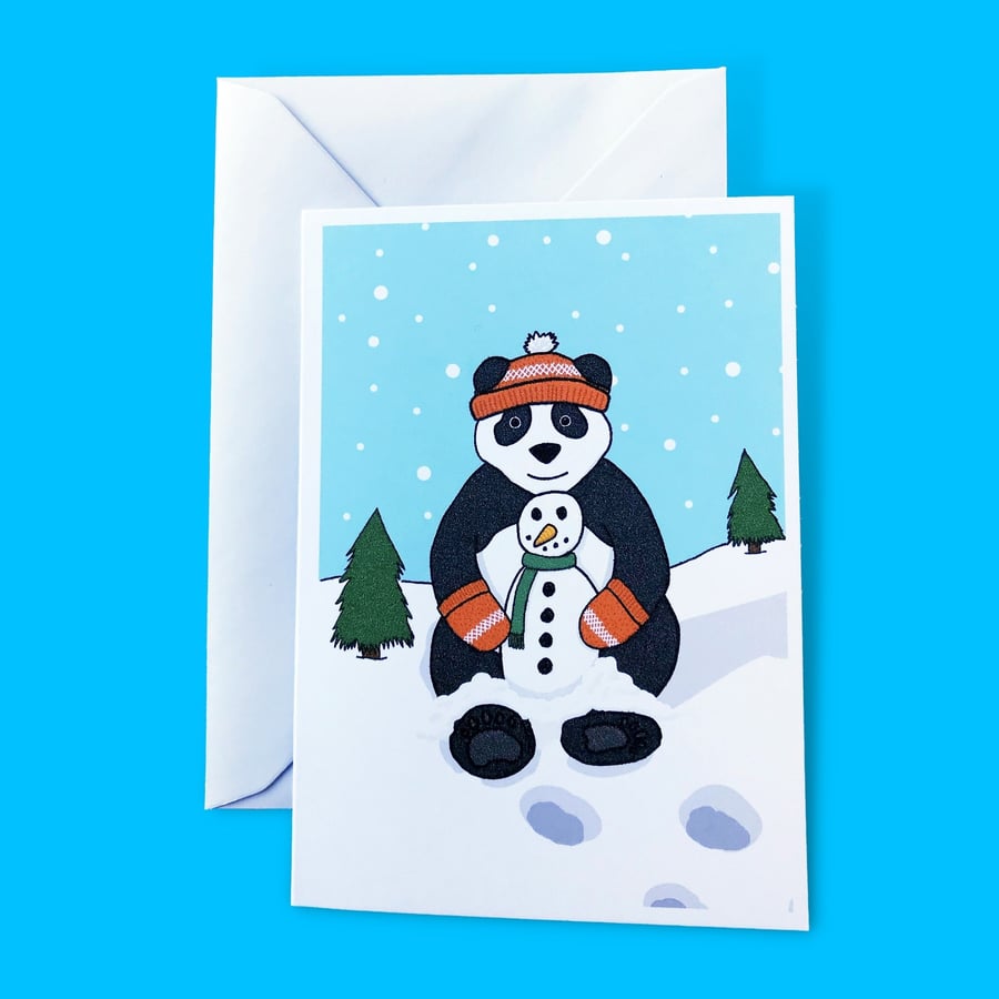 Panda and Snowman Christmas Illustration A6 Card