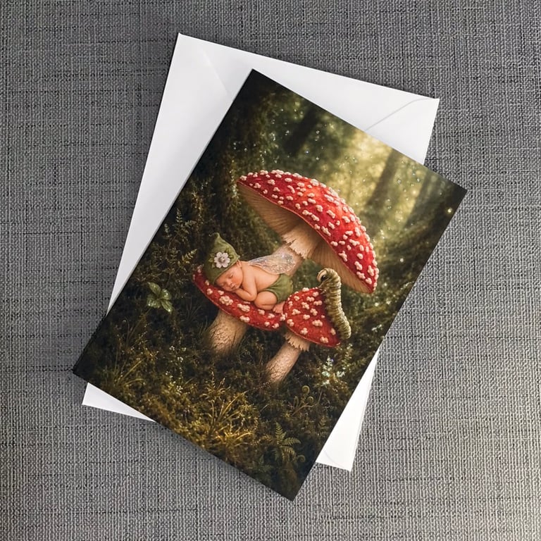 Birthday Card Baby Fairy - Toadstool & Caterpillar Fairy Card - Whimsical A5