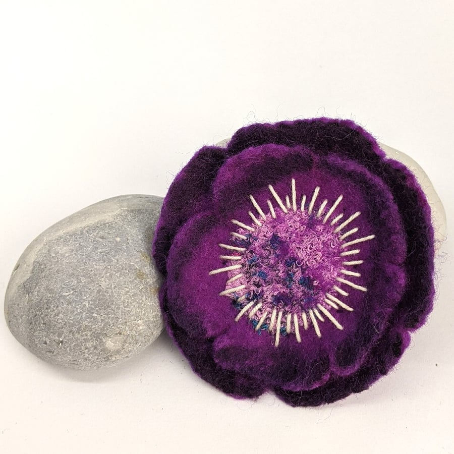 Felted flower brooch - deep violet anemone
