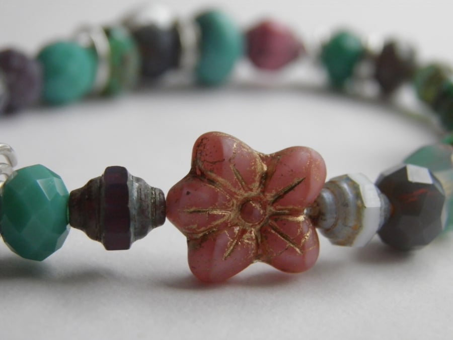 Turquoise, Pink, Purple, Pearl Bead Flower Bracelet with Sterling Silver