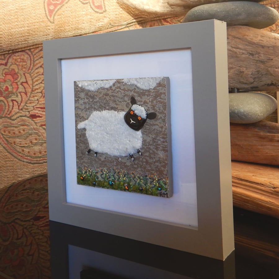 HANDMADE FUSED GLASS ON CERAMIC 'LITTLE LAMB' PICTURE