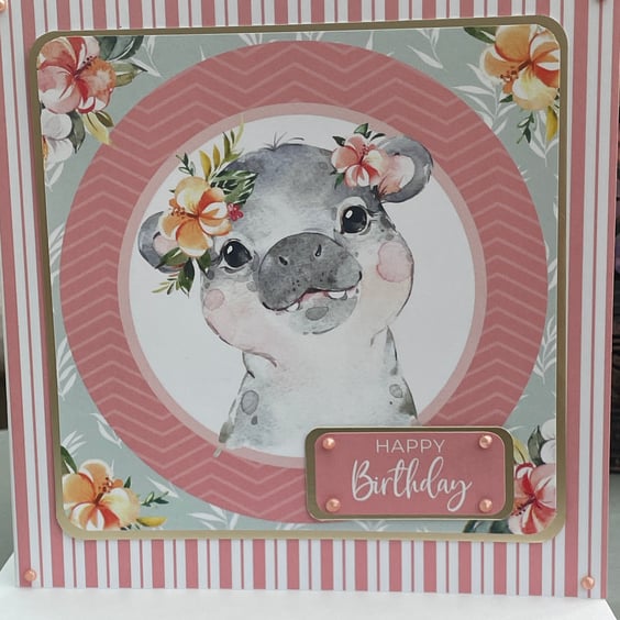 Cute baby hippo happy birthday card