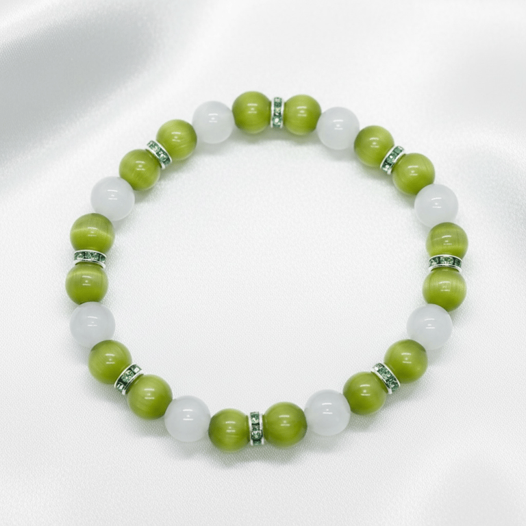 Olive and White Cats Eye Glass Stretch Bracelet. 