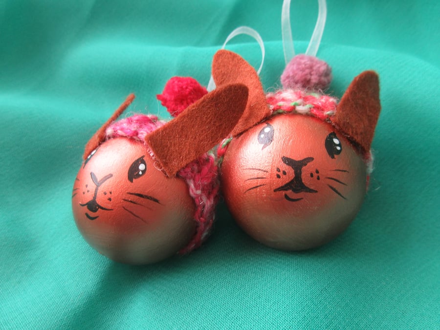 Bunny Rabbit Christmas Tree Baubles Hanging Decoration in Copper x 2