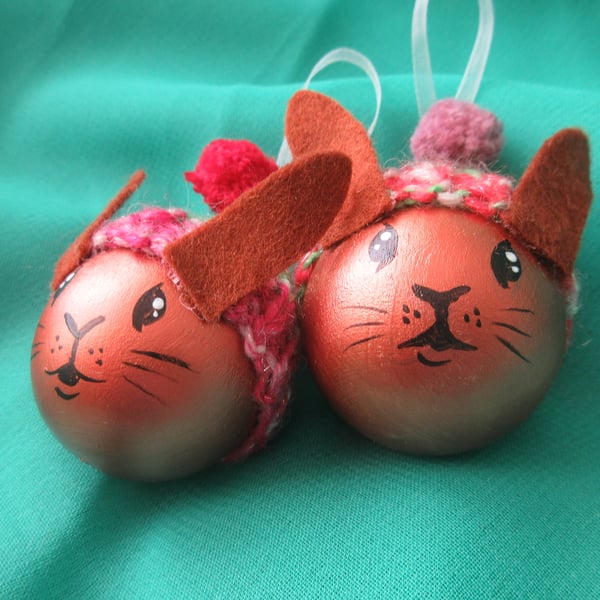 Bunny Rabbit Christmas Tree Baubles Hanging Decoration in Copper x 2