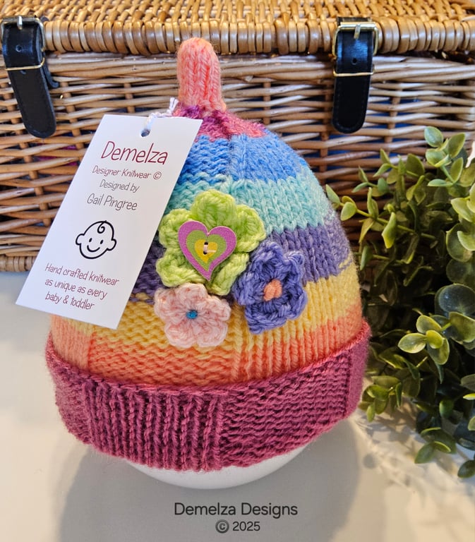 Designer Hand Knitted Baby Girl's Rainbow Ribbed Hat 3 - 9 months size
