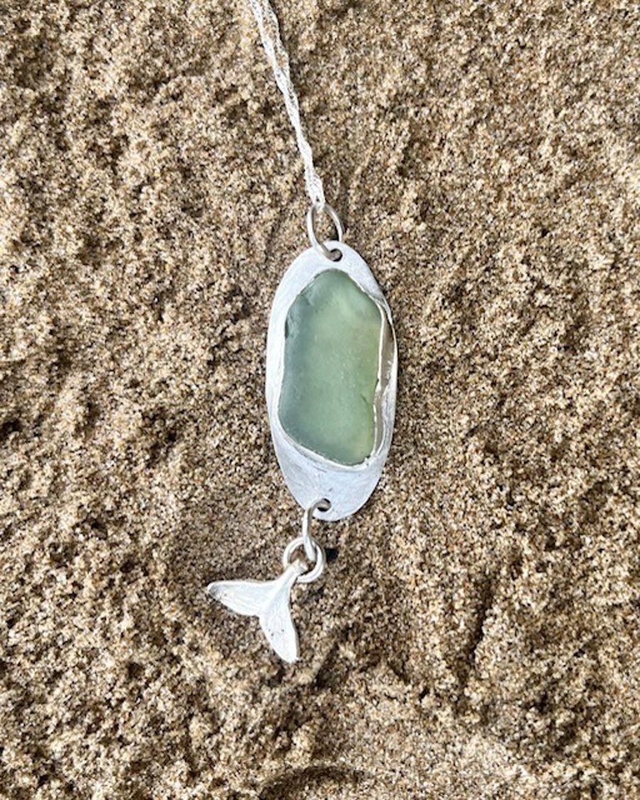 Handmade Sterling Silver 925 Sea Glass Whale Pendant Necklace – Unique