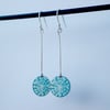 Dandelion earrings with long silver rod in teal