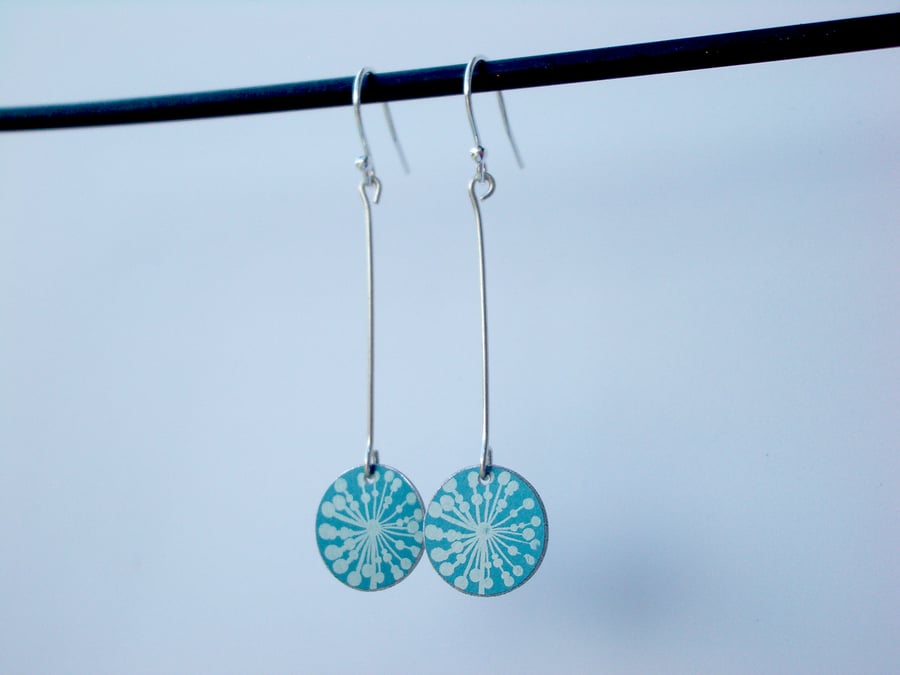 Dandelion earrings with long silver rod in teal