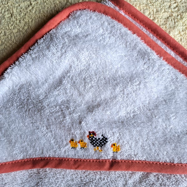 Baby towel, hooded towel, hen and chicks, hand embroidered