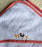 Baby towel, hooded towel, hen and chicks, hand embroidered