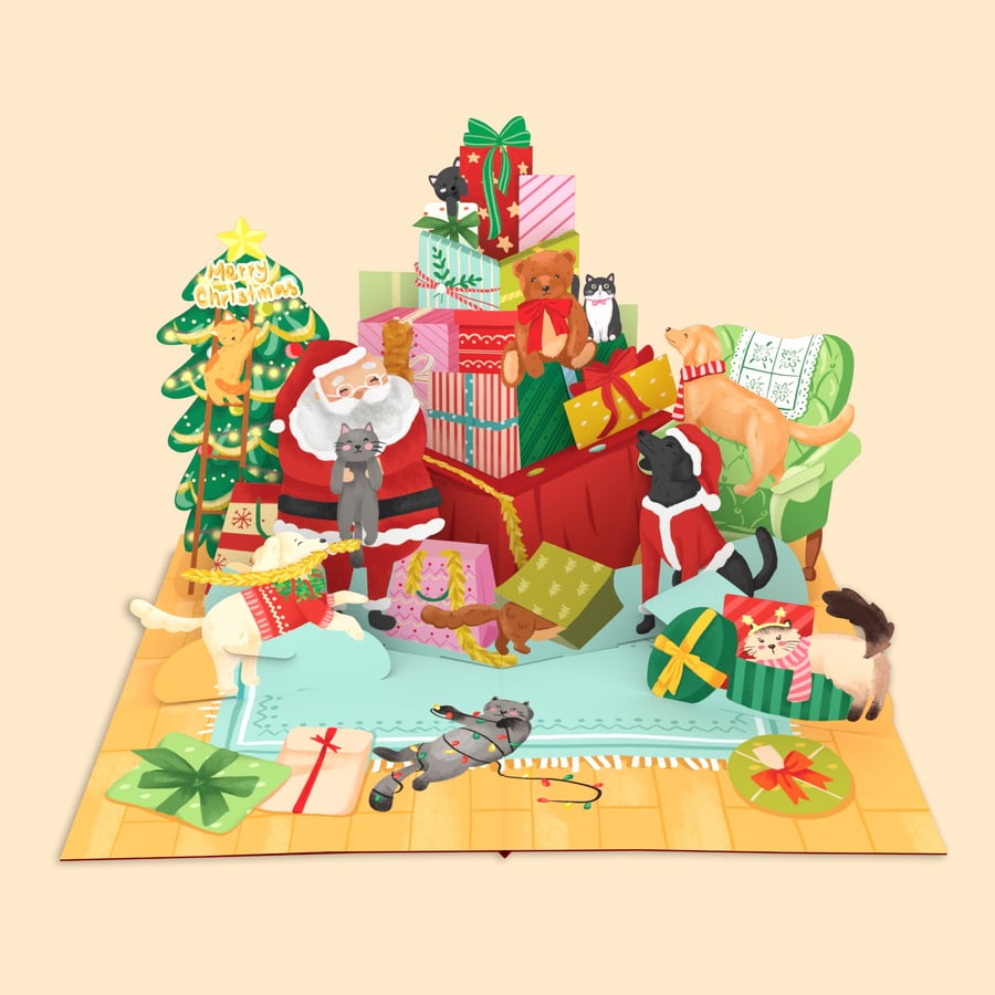 Santa & Pets Christmas 3D Pop Up Card – Festive Animal Christmas Card