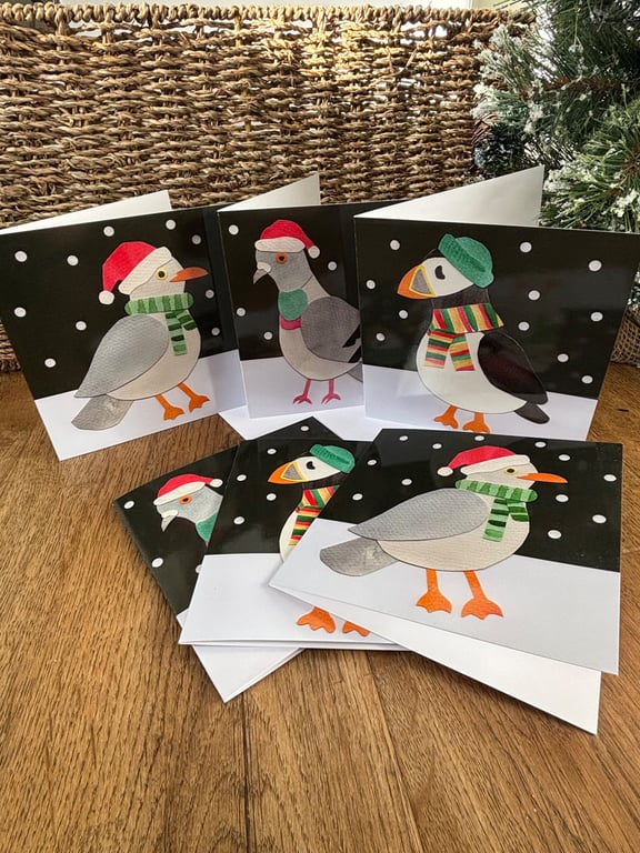 Christmas Bird Cards – Pack of 6 Festive Seagull, Puffin & Pigeon Printed Cards