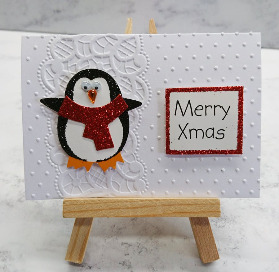 Christmas Gift Card Merry Christmas Penguin with Red Scarf 3D Luxury Handmade