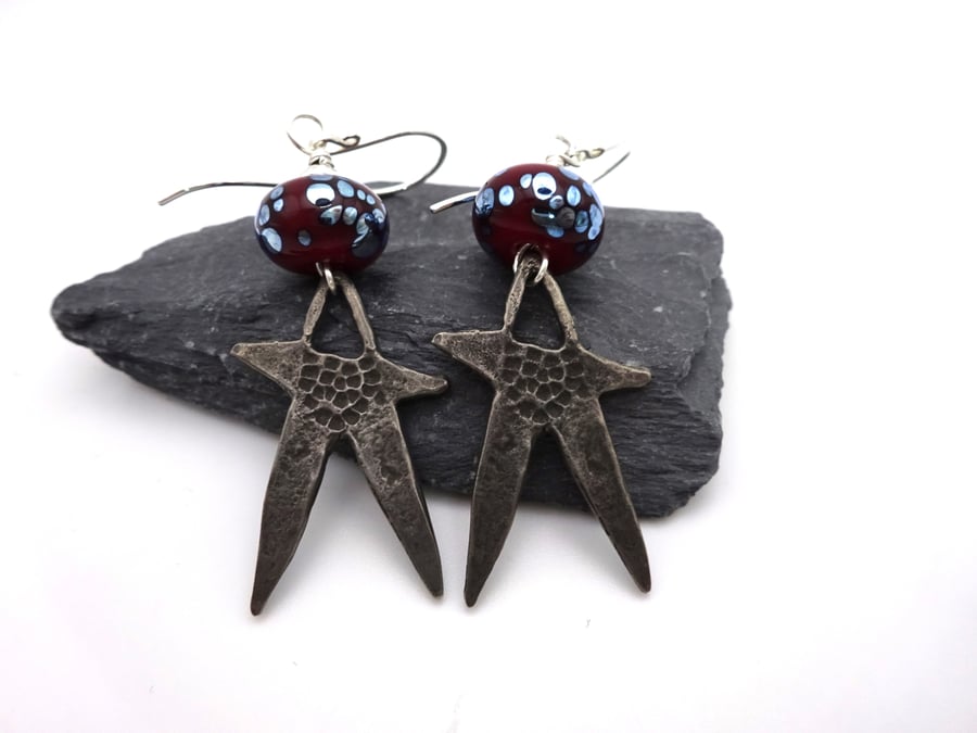 red lampwork glass earrings, pewter star jewellery