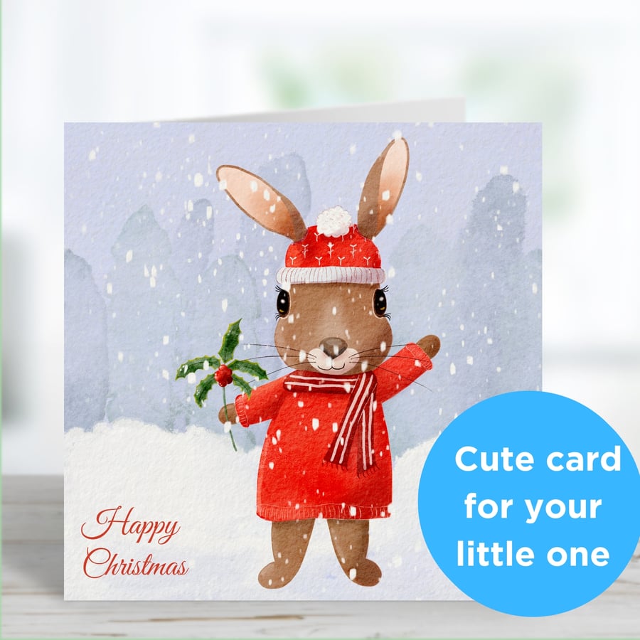 Bunny Rabbit in the Snow Kids Christmas Card for Little Girl Boy