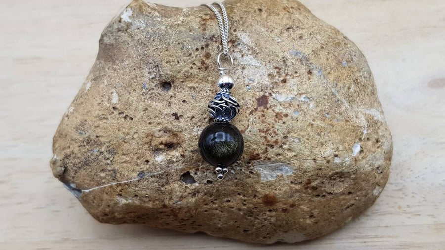 Minimalist Golden sheen Obsidian pendant necklace. Reiki charged