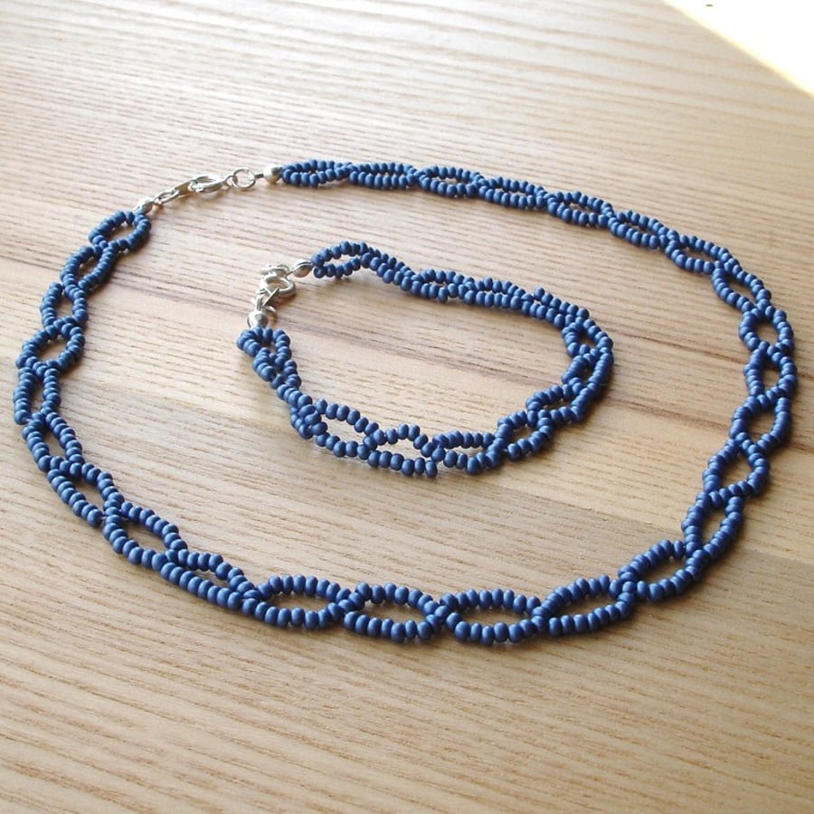 Blue Loop Woven Bead Necklace and Bracelet Set