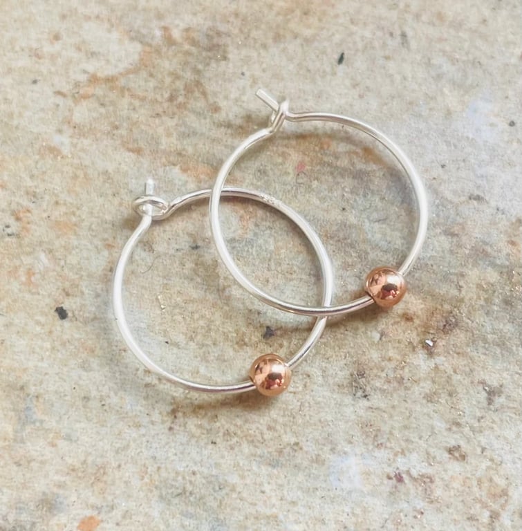 Minimal Mini Rose Gold Beads on Silver Hoop Earrings