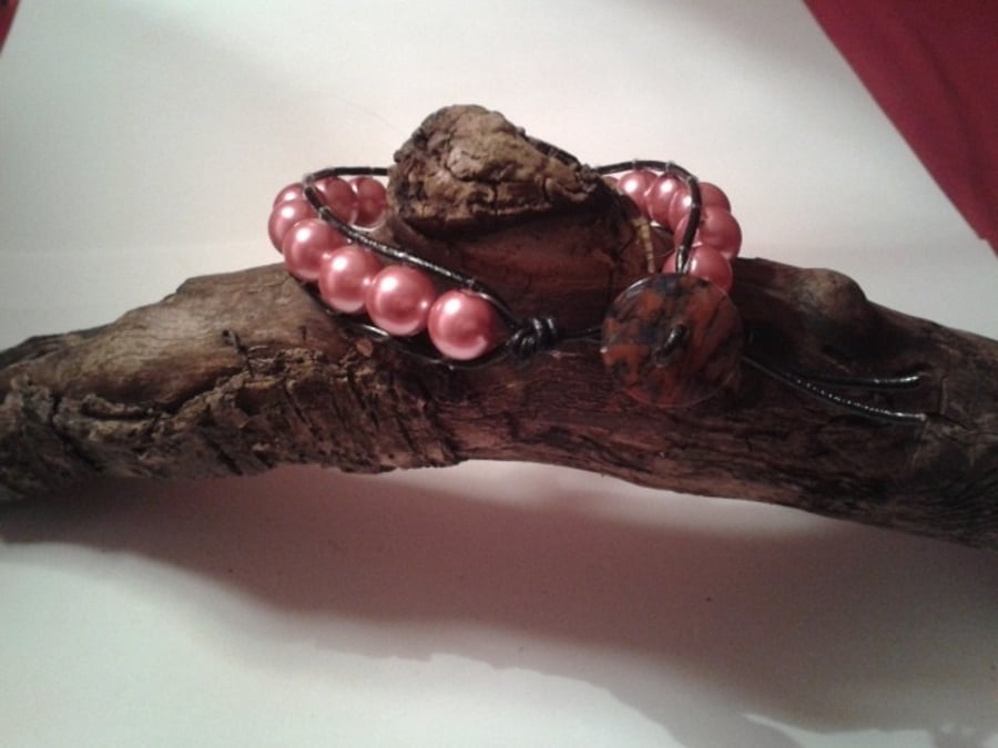 SALE - Pink leather and glass pearl beaded single wrap bracelet