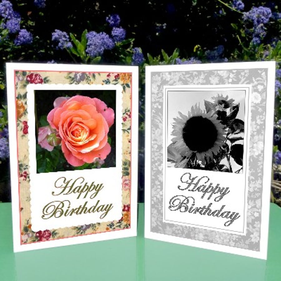Birthday card & free gift tag - Vintage Rose or Sunflowers